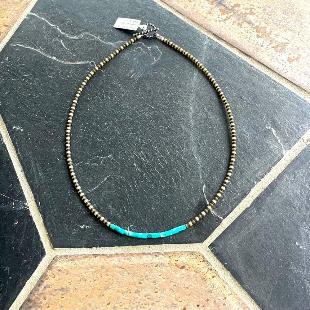 Unisex pukka shells and natural Turquoise Beaded Necklace 18”